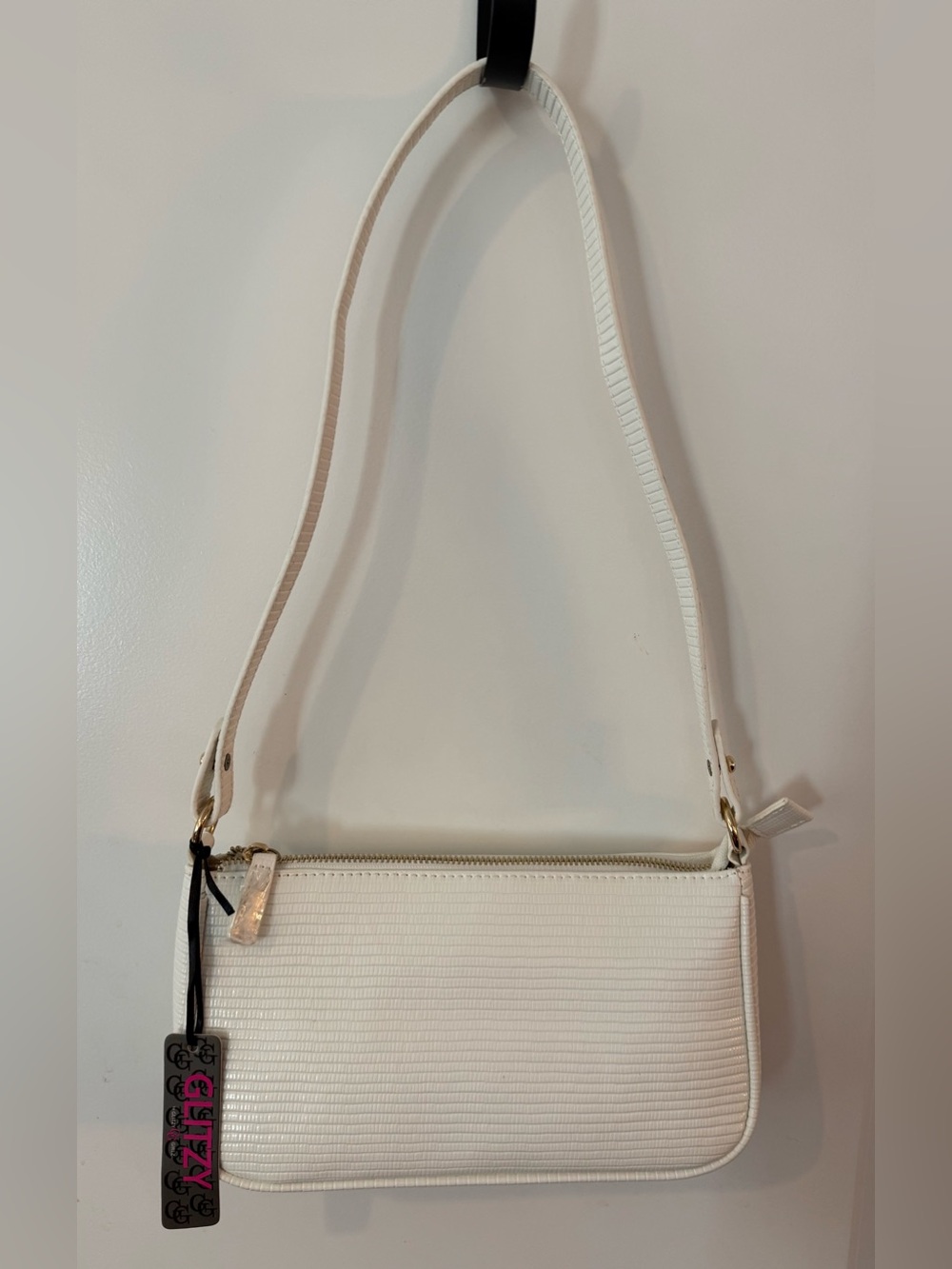 White Textured Crossbody Bag with Gold Hardware